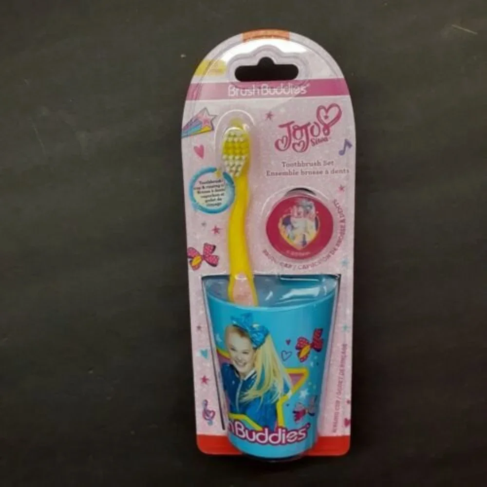 Jojo Siwa 3 Piece Toothbrush Set Holographic Cap & Rinsing Cup Blue Yellow Pink